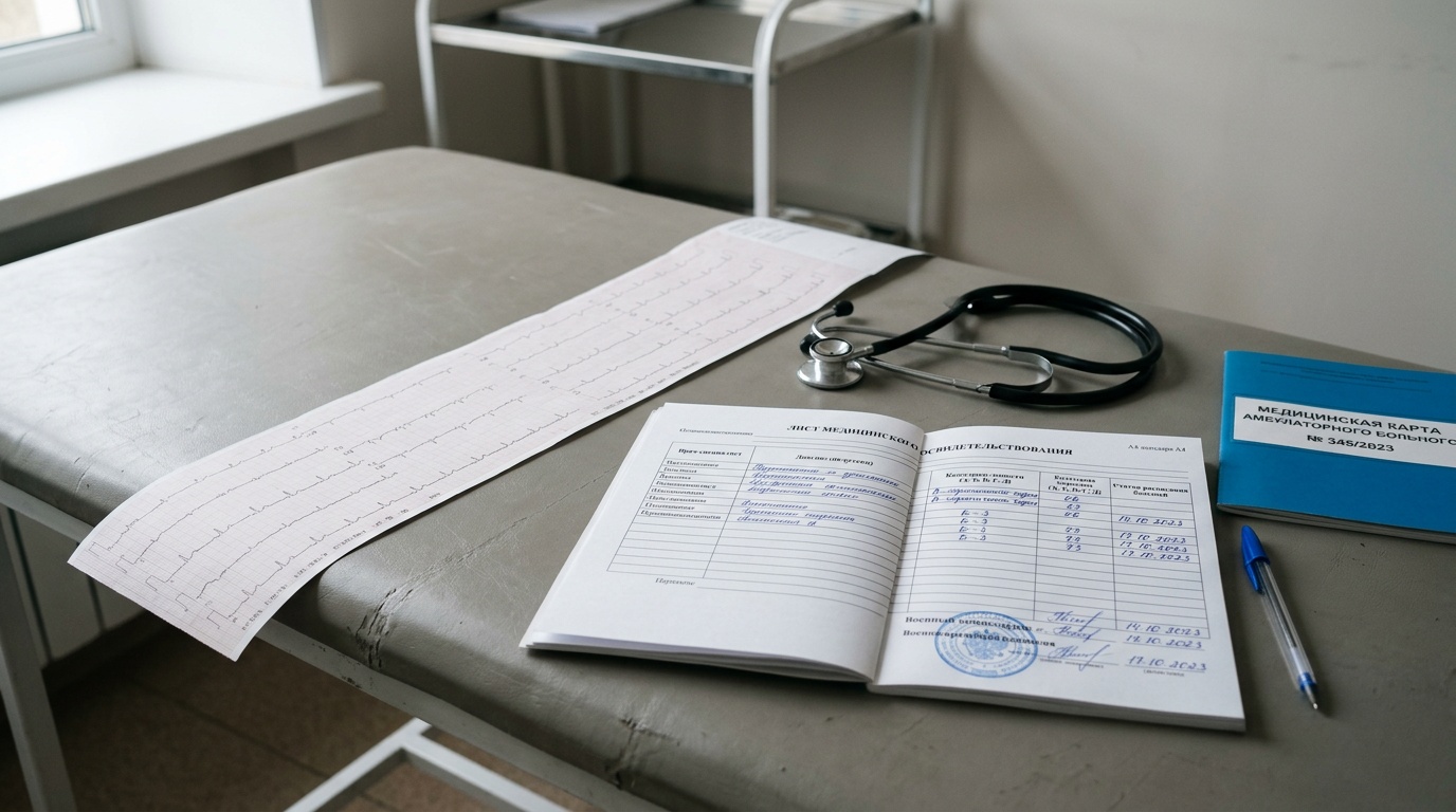 Лента ЭКГ и медицинские документы на столе военно-врачебной комиссии — оценка аритмии при призыве