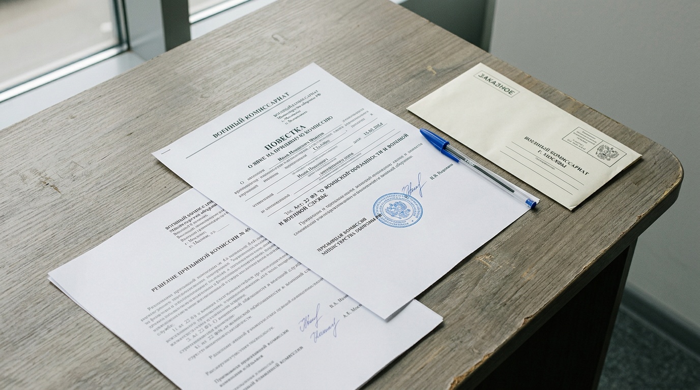 Официальные документы на столе — характеристика в военкомат, печать и ручка