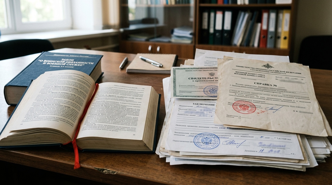 Пакет документов для оформления отсрочки от армии на столе рядом с законодательным сборником
