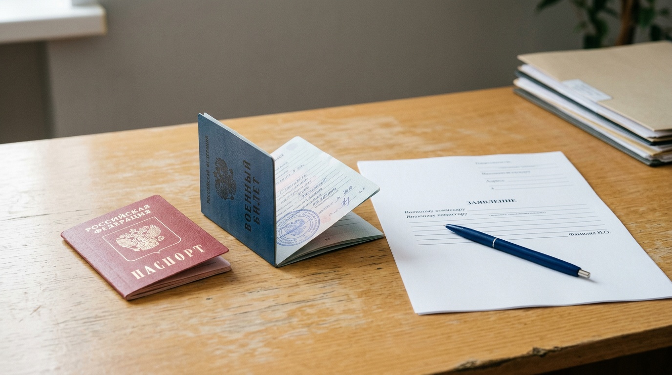 Паспорт гражданина РФ, военный билет и бланк заявления на загранпаспорт на столе