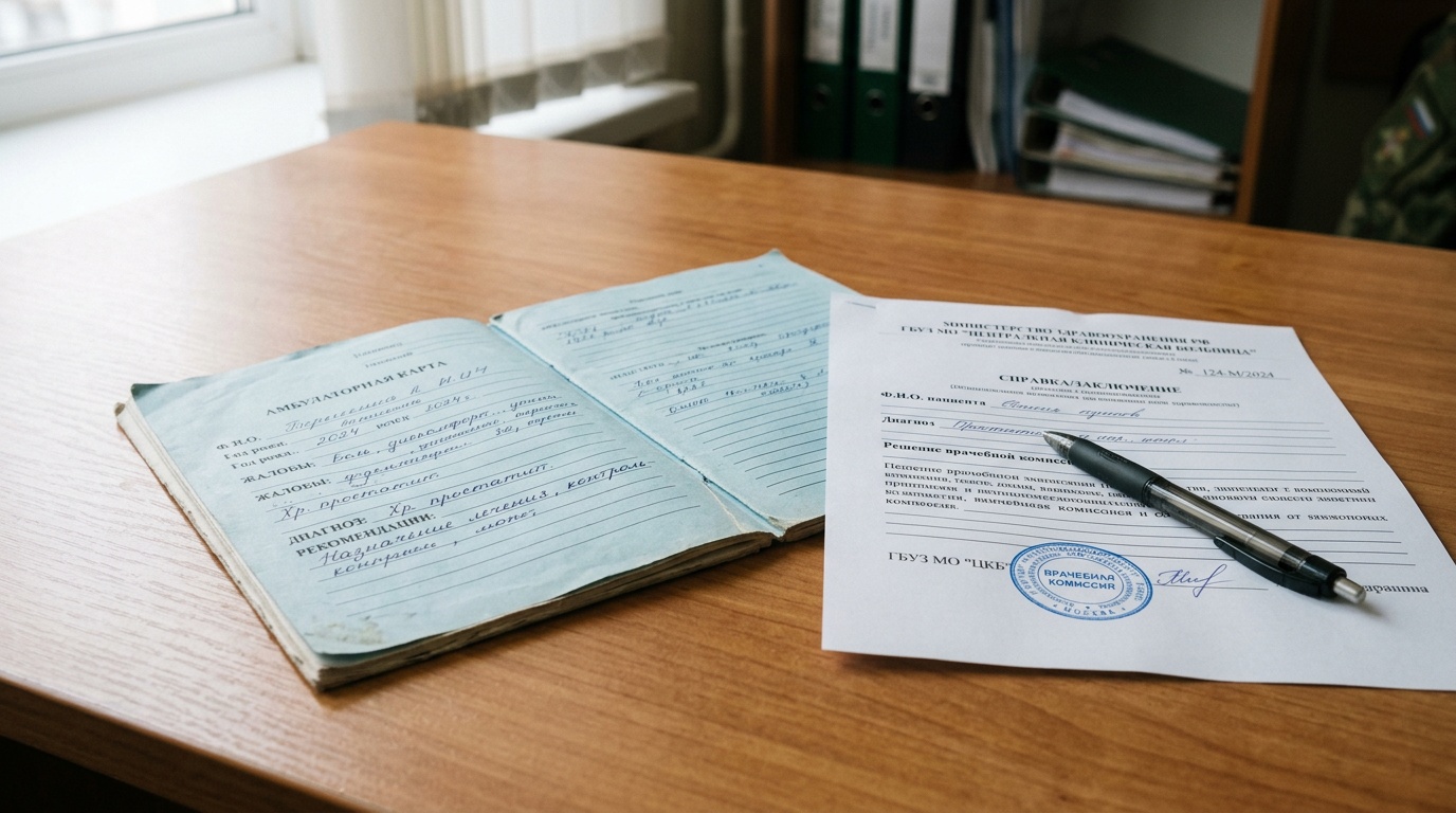Амбулаторная карта с записями уролога и медицинские документы для прохождения военно-врачебной комиссии