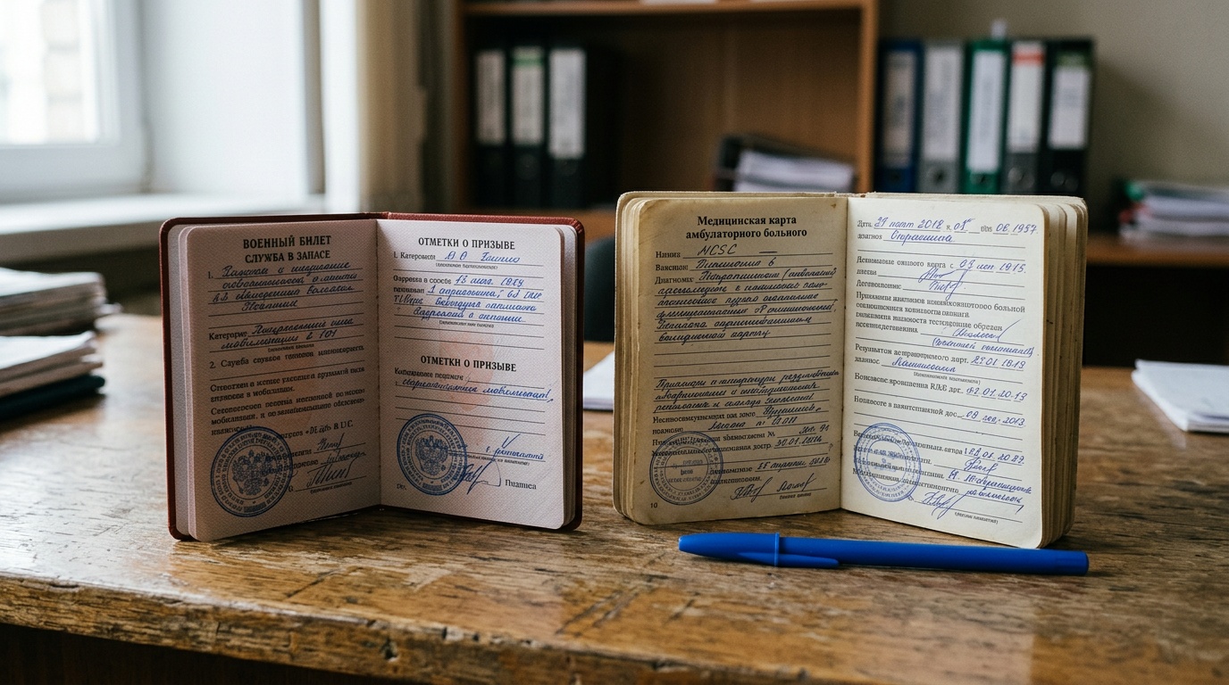 Приписное свидетельство и медицинские документы на столе — категория годности к военной службе
