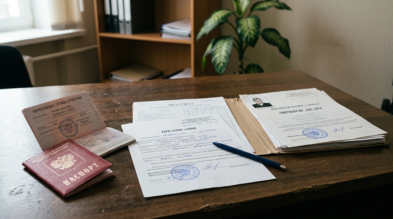 Документы воинского учета и трудовые бумаги на столе при оформлении на работу