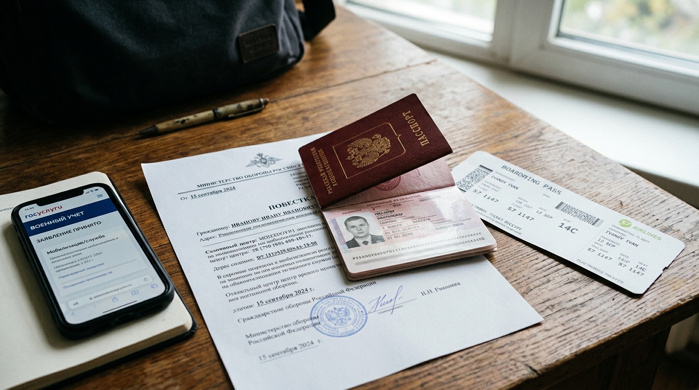 Паспорт, авиабилет и смартфон с проверкой статуса повестки перед выездом за границу