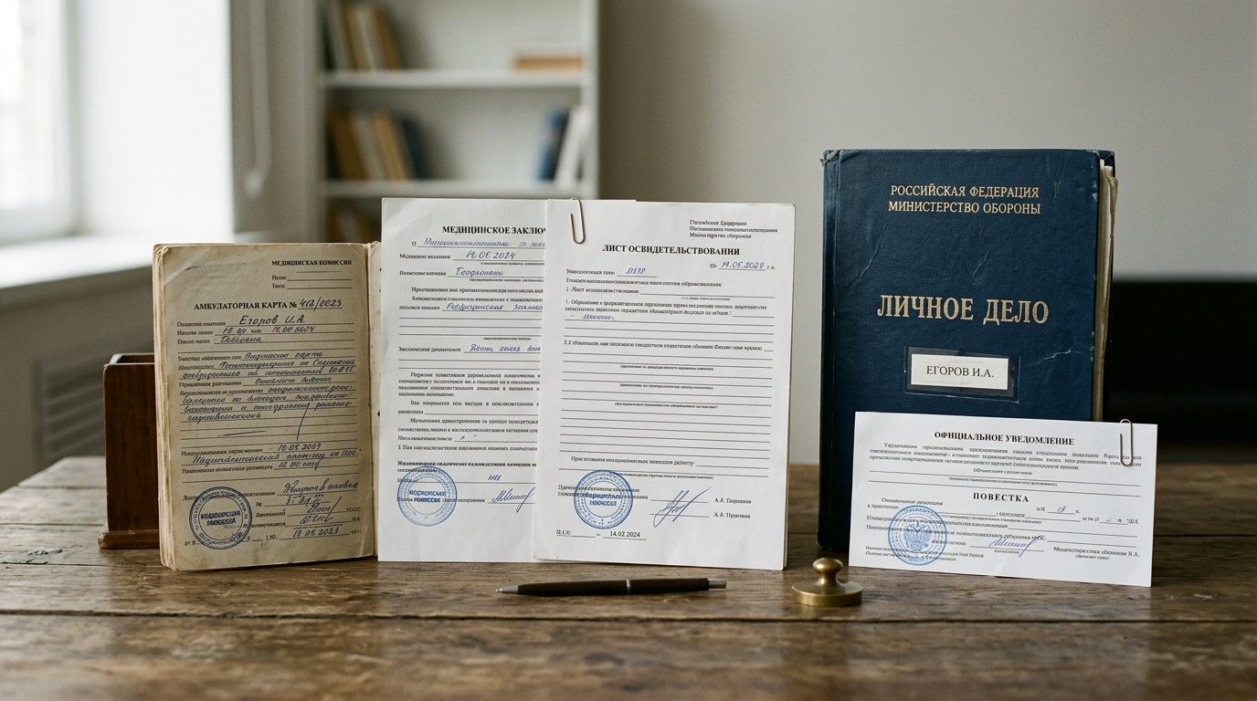Медицинские документы и личное дело призывника на столе — подтверждение диагноза для военно-врачебной комиссии