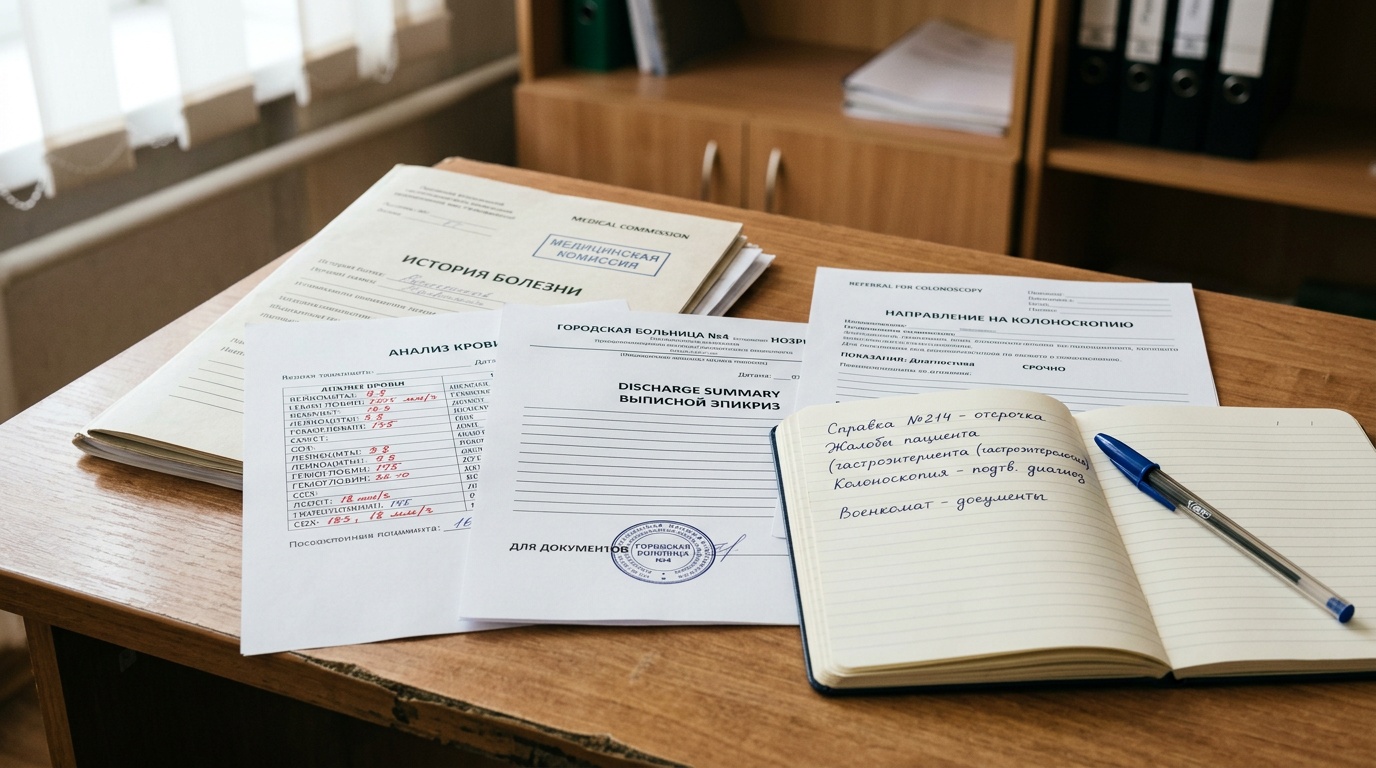 Медицинские документы для военно-врачебной комиссии: выписки, анализы и амбулаторная карта при болезни Крона