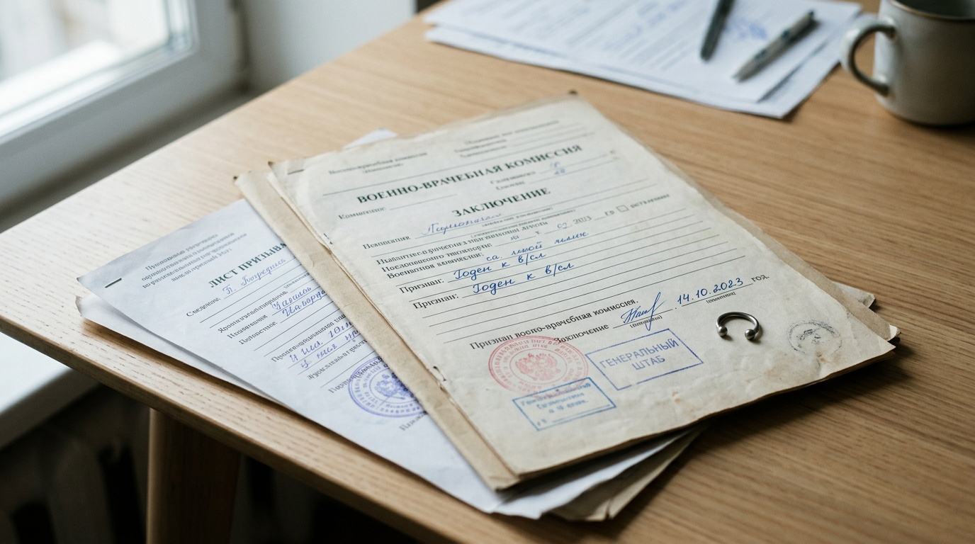 Бланк медицинской комиссии и украшение для пирсинга на столе — иллюстрация к статье о призыве в армию