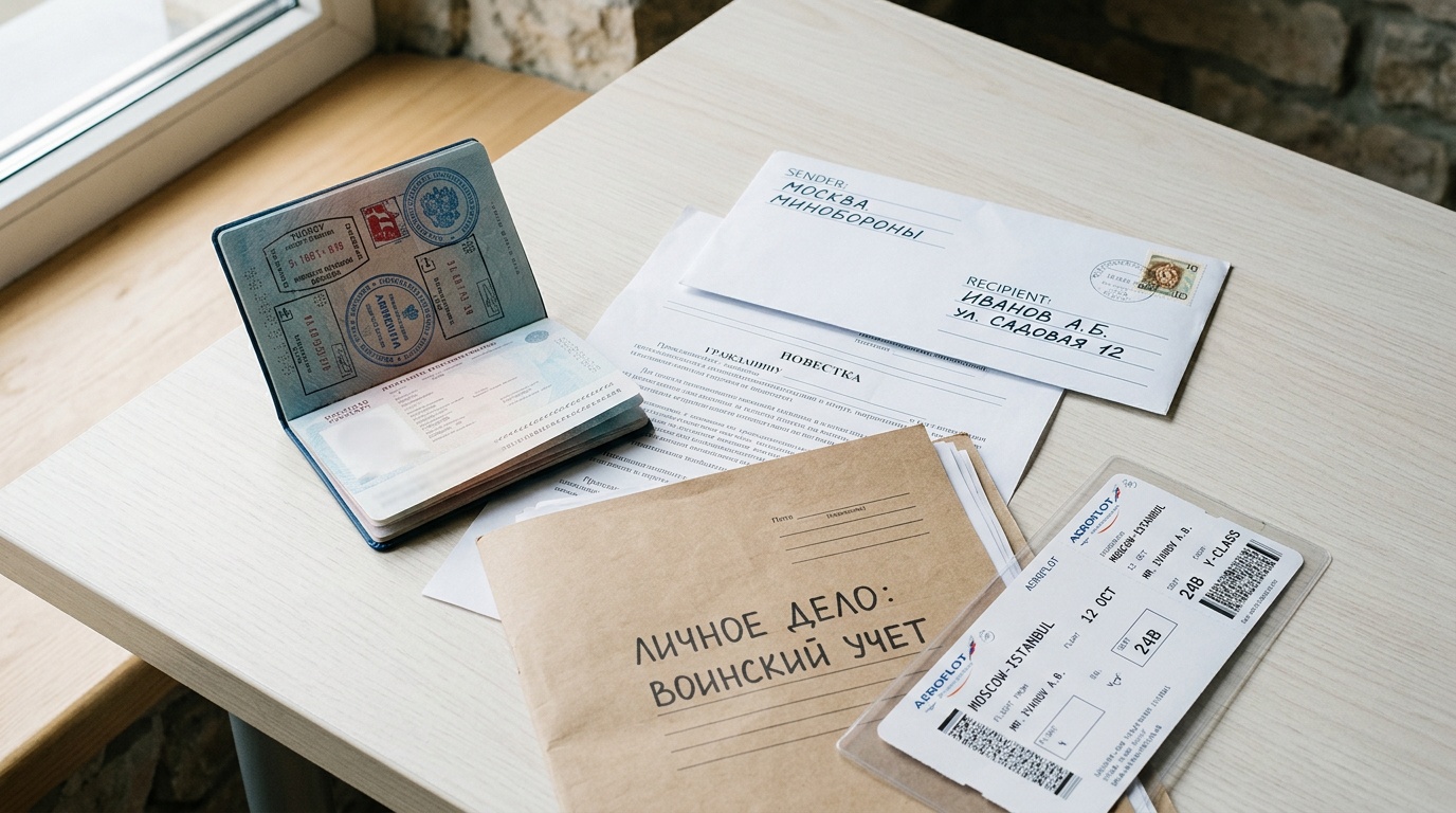 Загранпаспорт с отметками о пересечении границы и официальное письмо с повесткой на столе