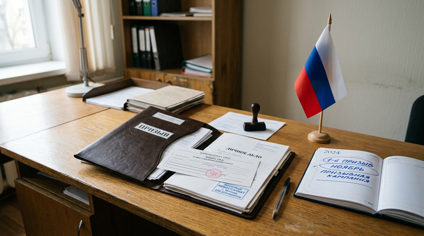 Документы, повестка и печать на столе как символ процедуры призыва в армию по закону 53-ФЗ