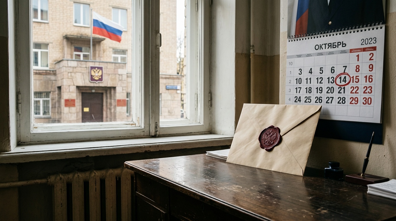 Фасад здания военкомата с флагом и официальный конверт на фоне календаря с отмеченной датой явки