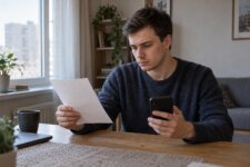 Молодой мужчина сверяет бумажный документ со сведениями на смартфоне за столом дома
