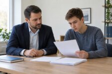 Юрист и молодой человек проверяют документы для обращения в суд